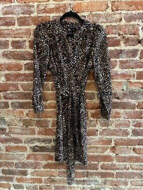 Banana Republic Brown & White Spotted Long-Sleeve Tie-Waist Dress